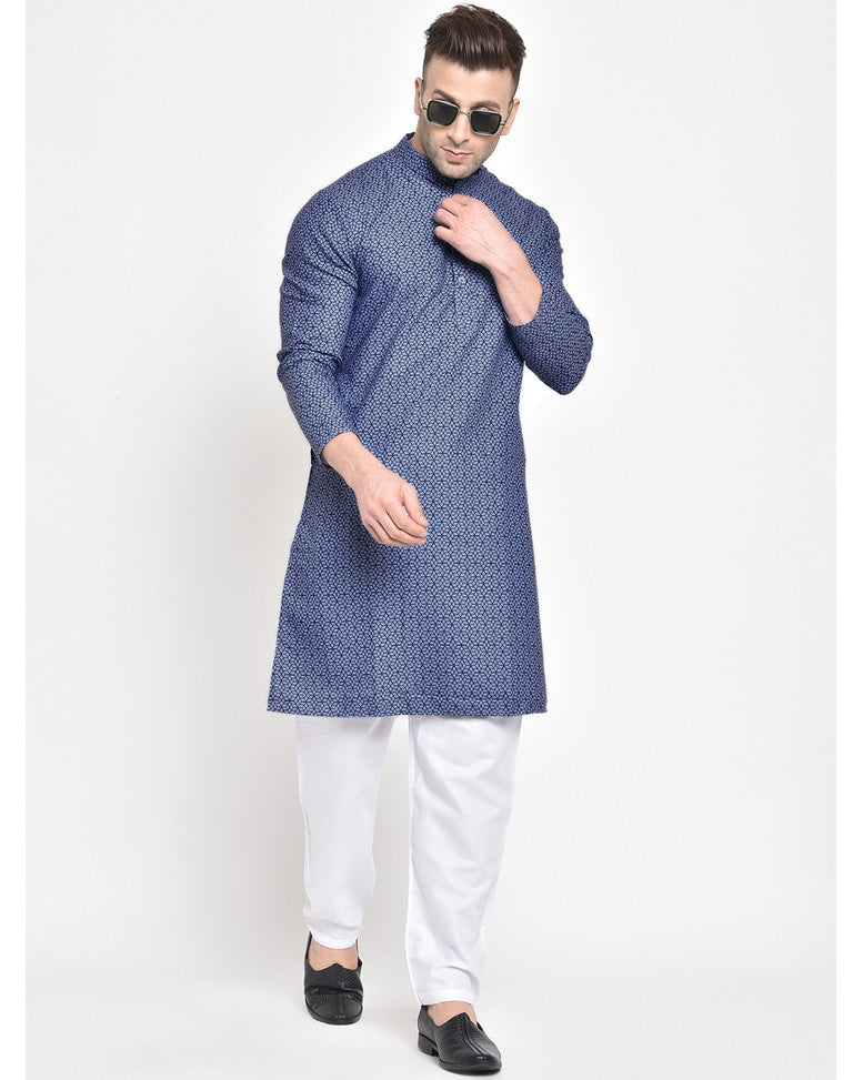Blue Blended Printed Regular Kurta