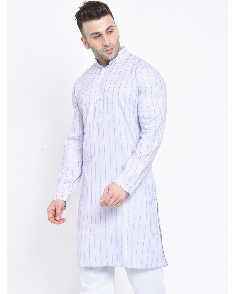 White Blended Printed Regular Kurta