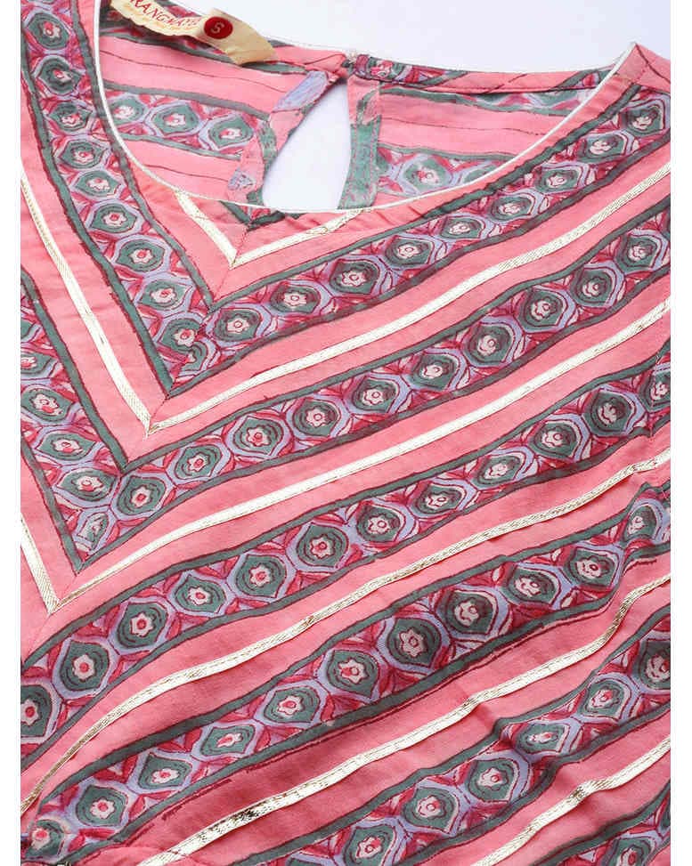 Pink Cotton Printed Fit & Flare Dress