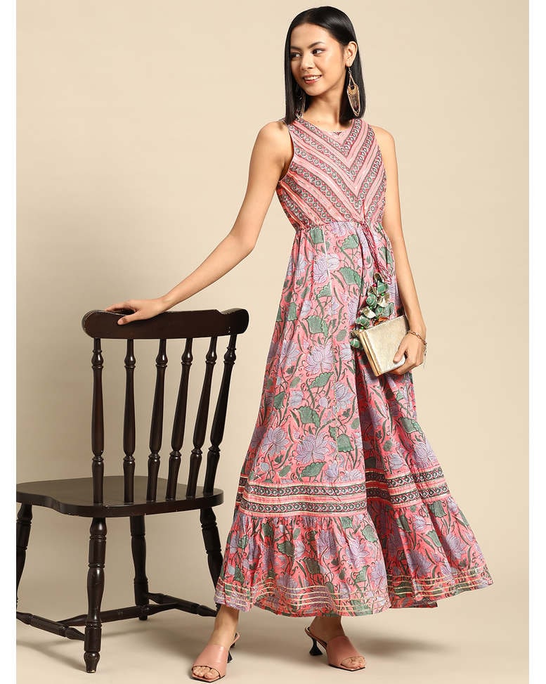 Pink Cotton Printed Fit & Flare Dress