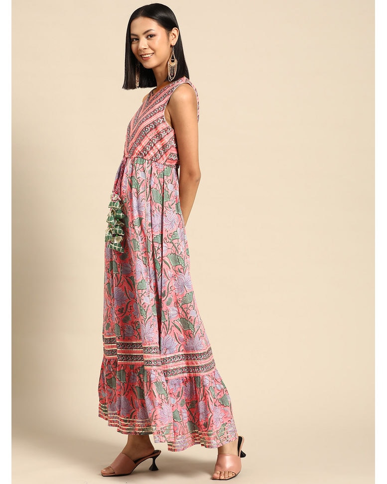Pink Cotton Printed Fit & Flare Dress