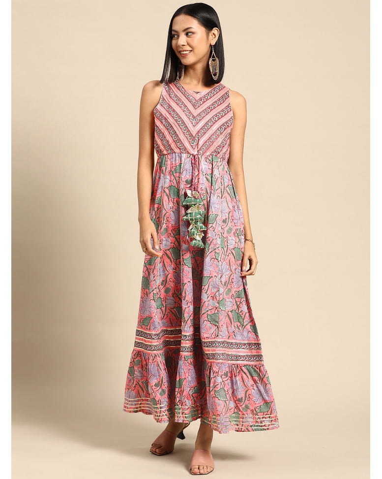 Pink Cotton Printed Fit & Flare Dress