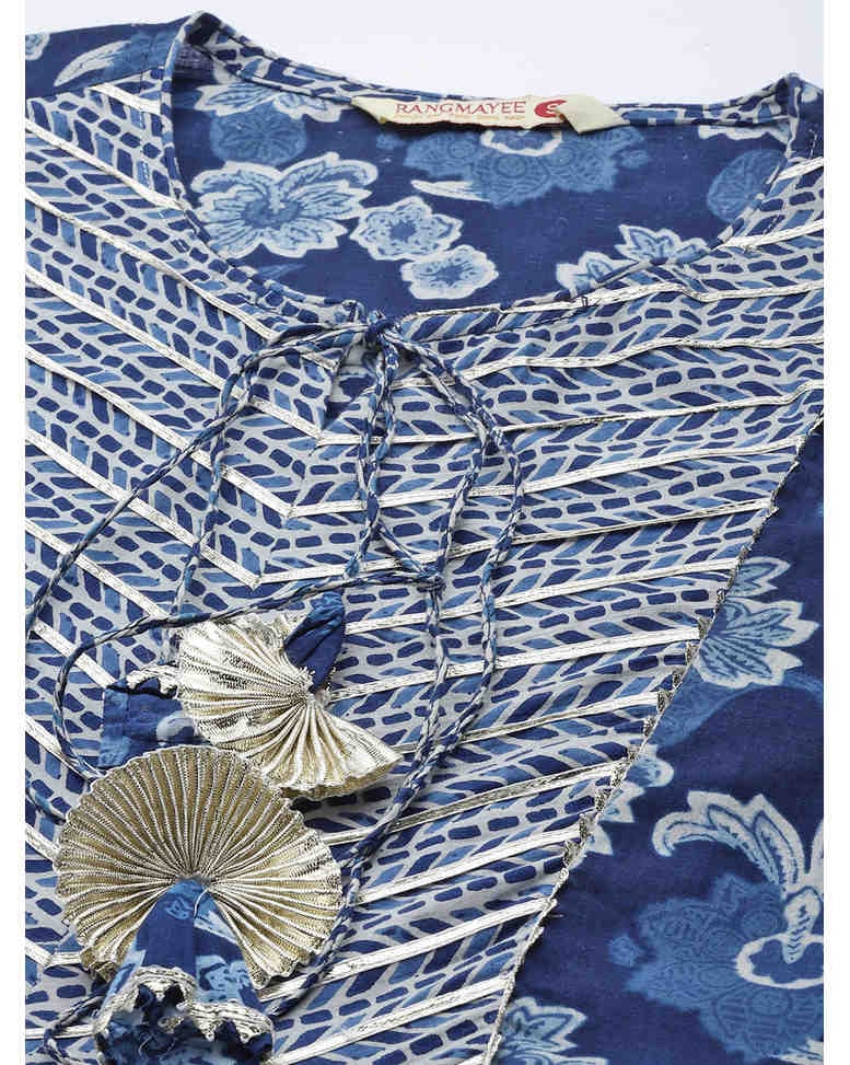 Blue Cotton Printed Fit & Flare Dress