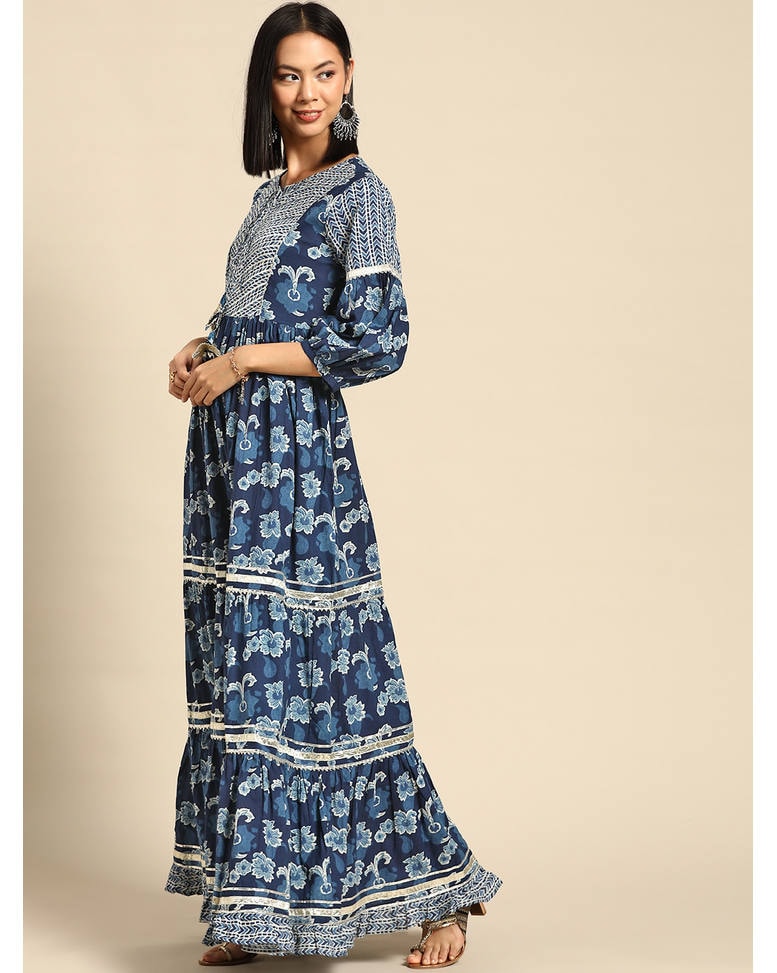 Blue Cotton Printed Fit & Flare Dress