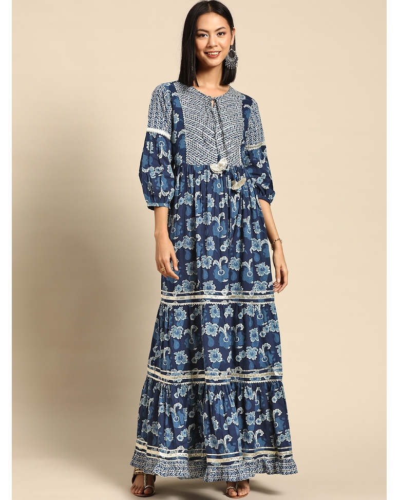 Blue Cotton Printed Fit & Flare Dress