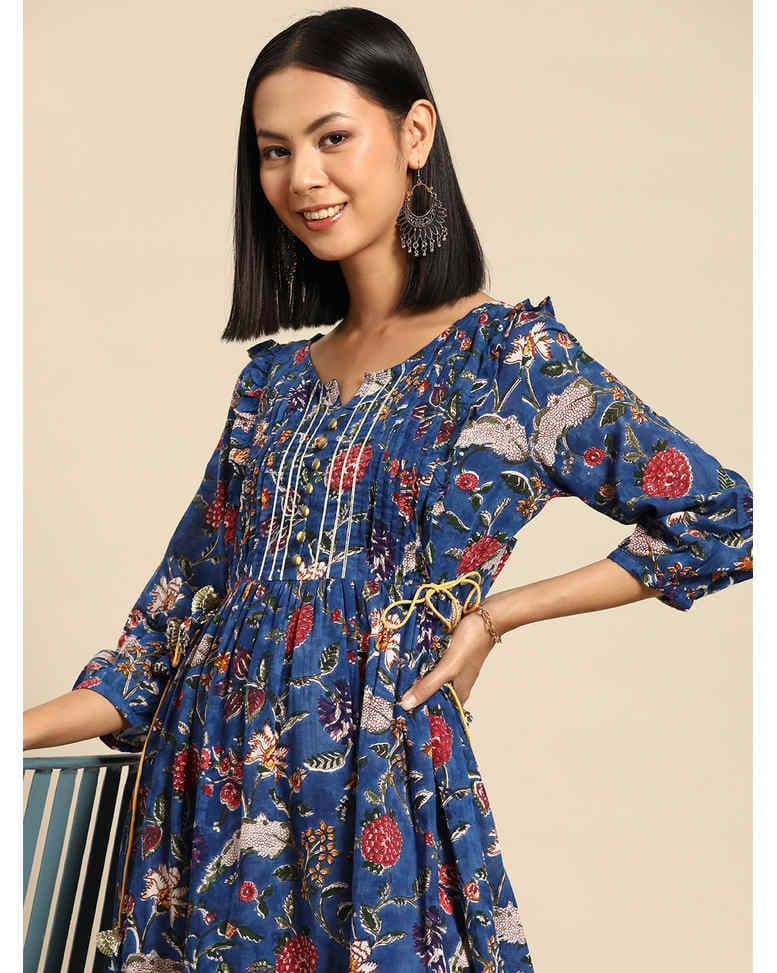 Blue Cotton Printed Fit & Flare Dress