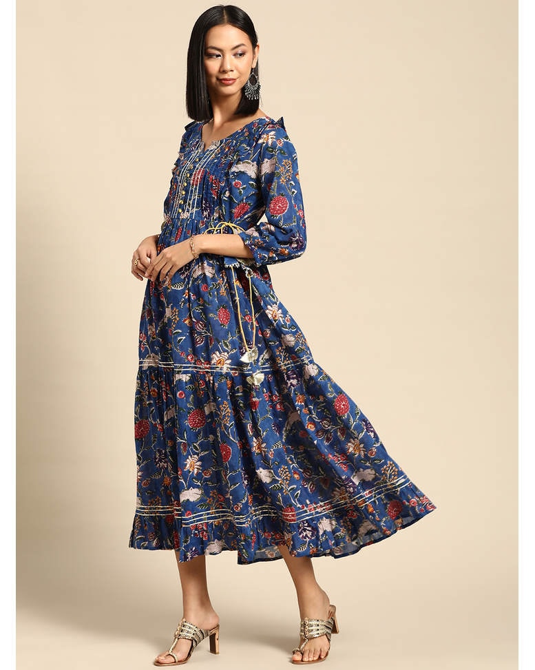 Blue Cotton Printed Fit & Flare Dress