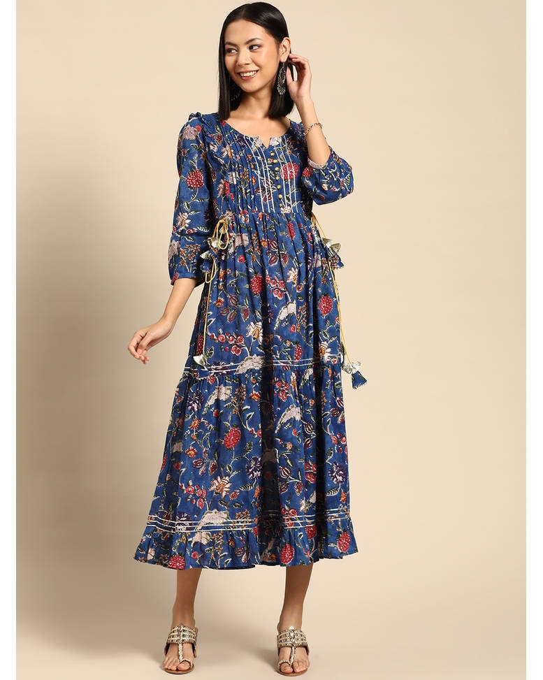 Blue Cotton Printed Fit & Flare Dress
