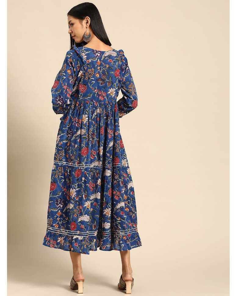 Blue Cotton Printed Fit & Flare Dress