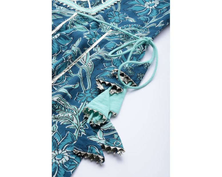 Teal Cotton Printed A-line Dress