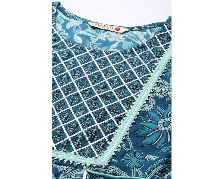 Teal Cotton Printed A-line Dress