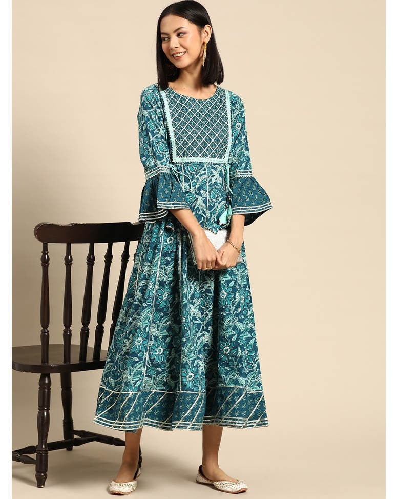 Teal Cotton Printed A-line Dress