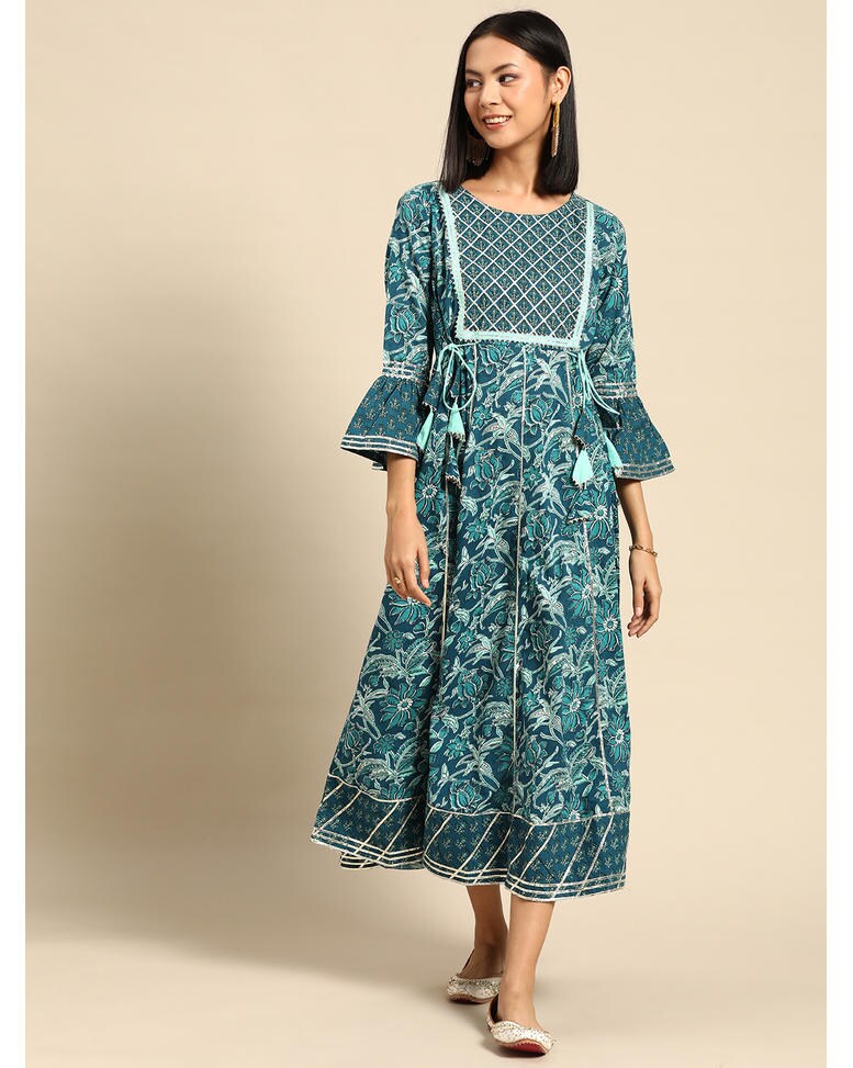 Teal Cotton Printed A-line Dress