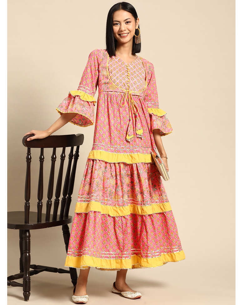 Pink Cotton Printed Fit & Flare Dress