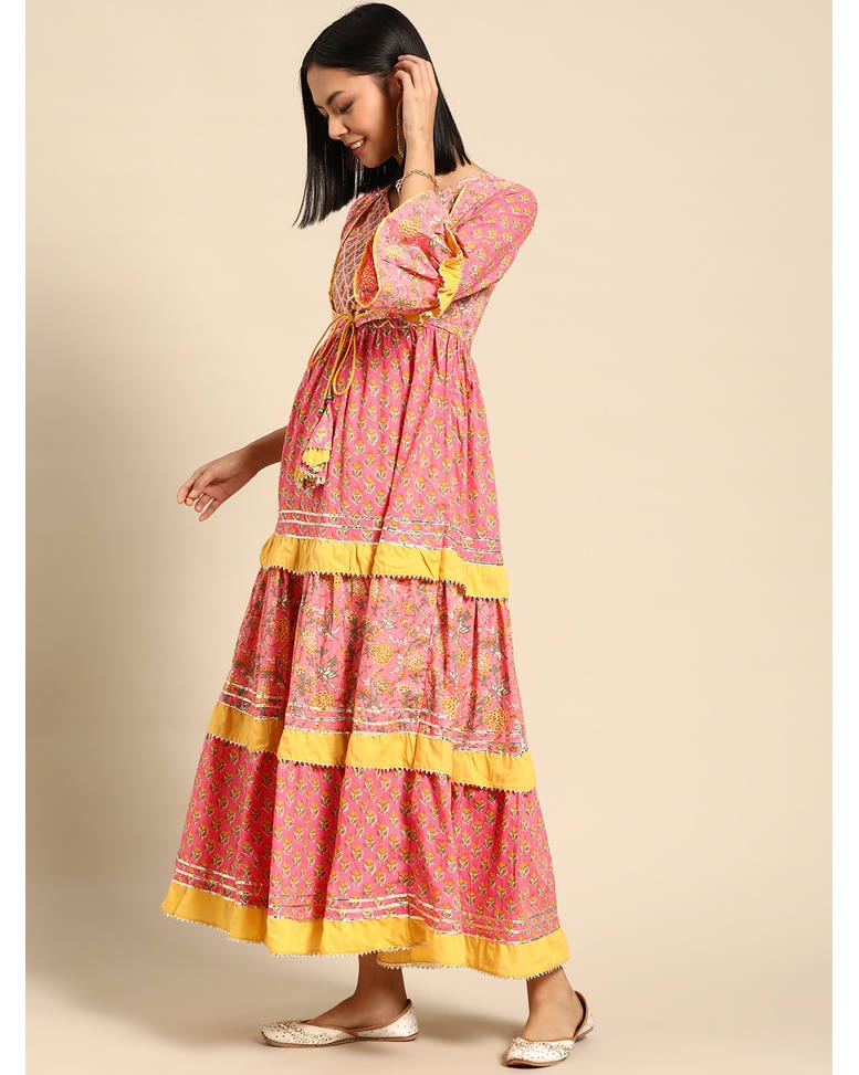 Pink Cotton Printed Fit & Flare Dress