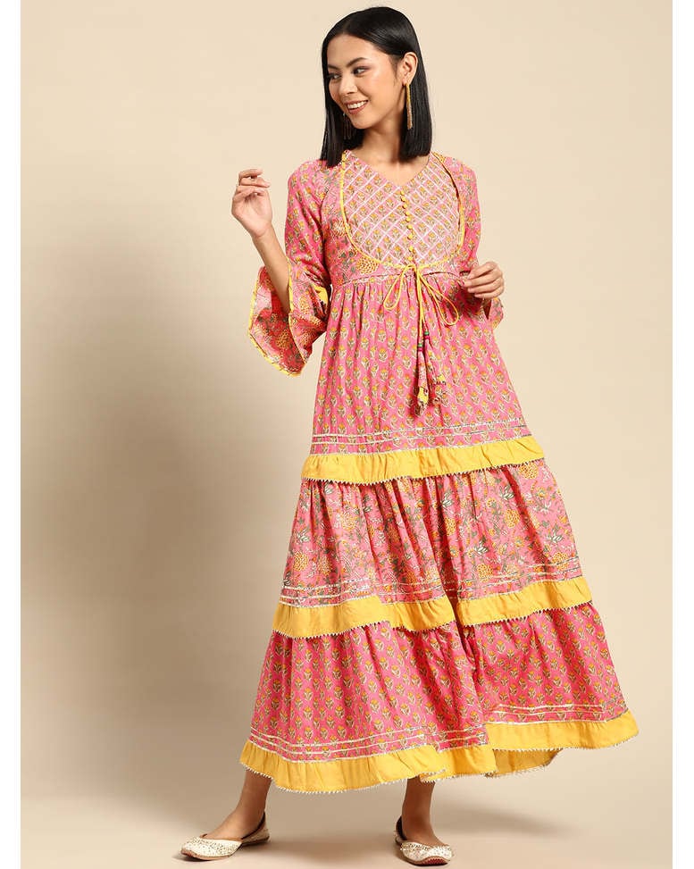 Pink Cotton Printed Fit & Flare Dress