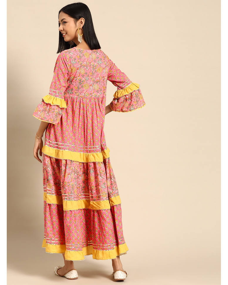 Pink Cotton Printed Fit & Flare Dress