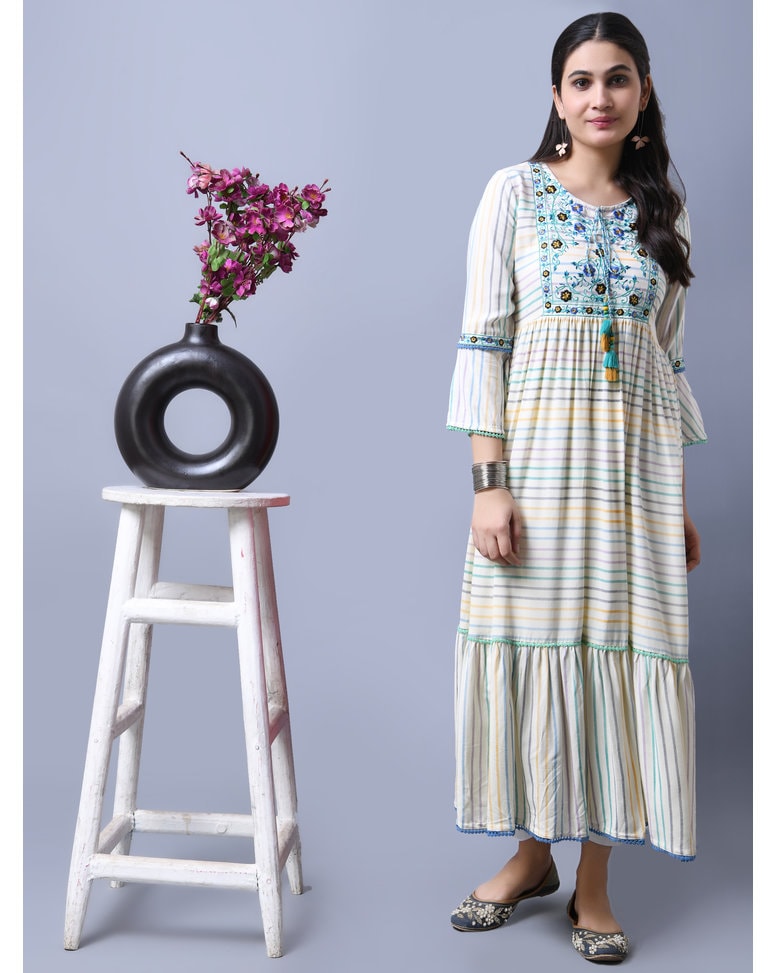 White Rayon Embroidered Fit and Flare Dress