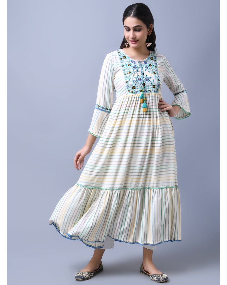 White Rayon Embroidered Fit and Flare Dress