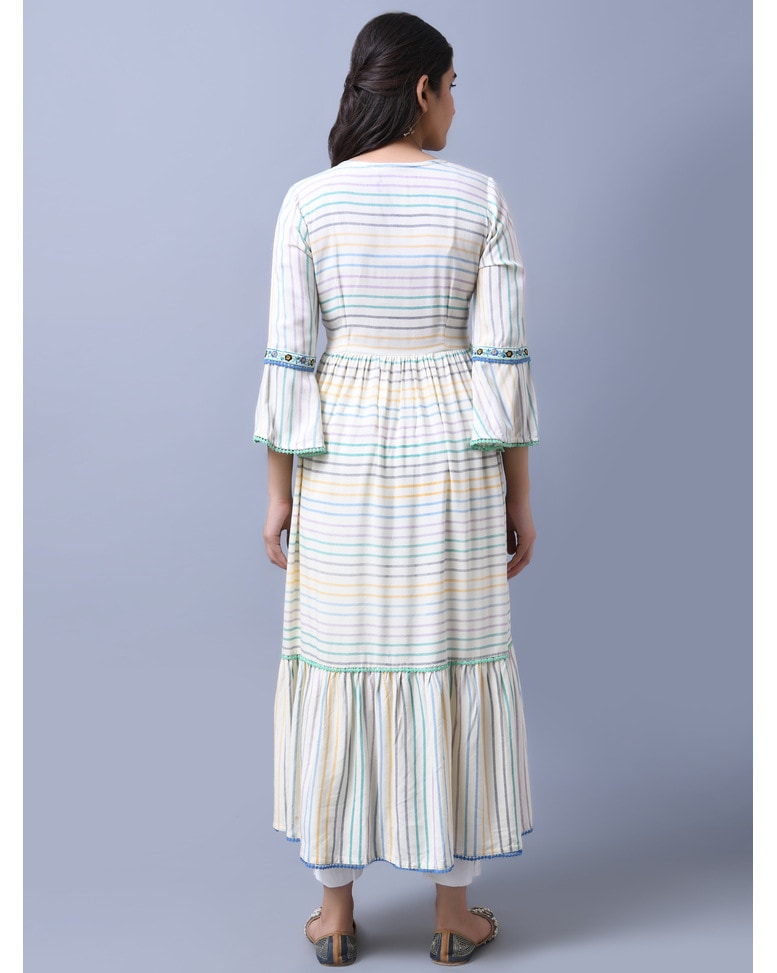 White Rayon Embroidered Fit and Flare Dress