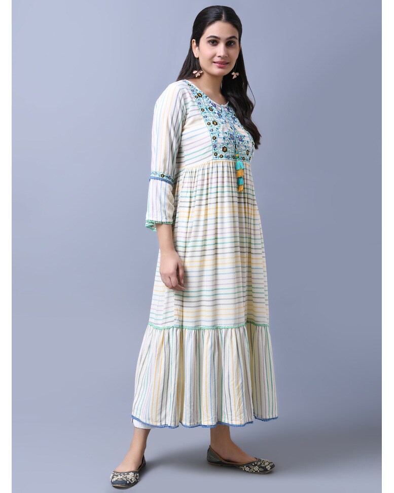 White Rayon Embroidered Fit and Flare Dress