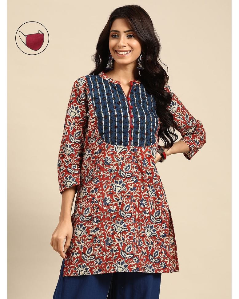 Maroon Cotton Printed Kurti