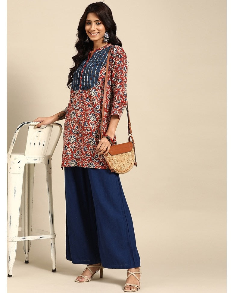 Maroon Cotton Printed Kurti