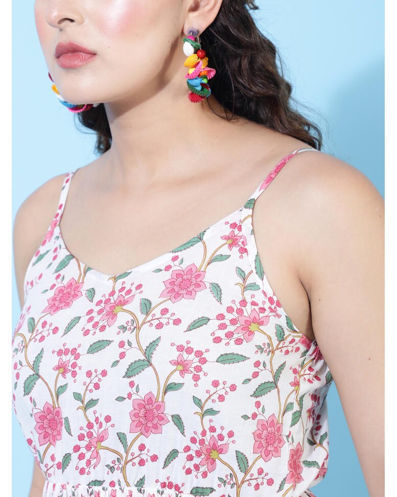 White Cotton Printed Fit and Flare Dress