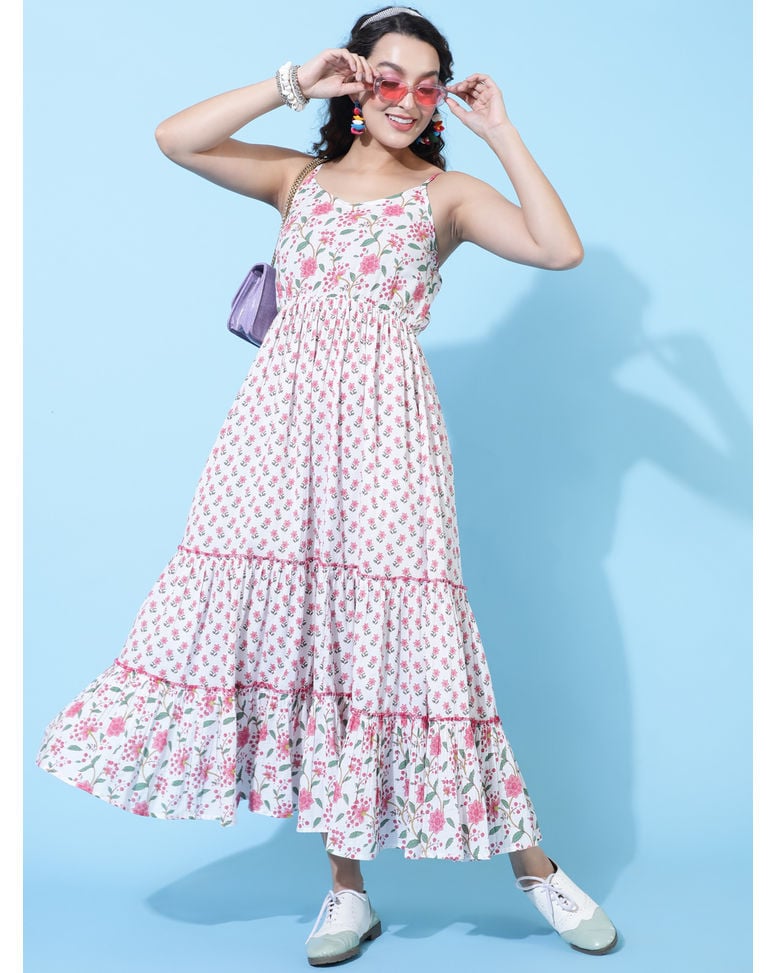 White Cotton Printed Fit and Flare Dress