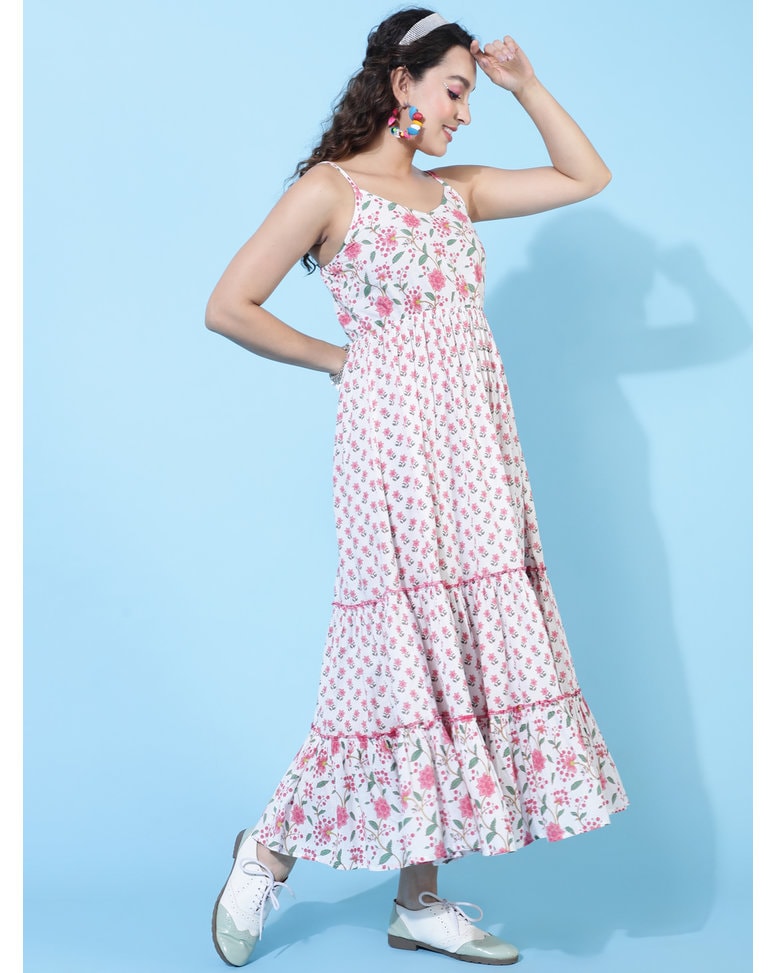 White Cotton Printed Fit and Flare Dress
