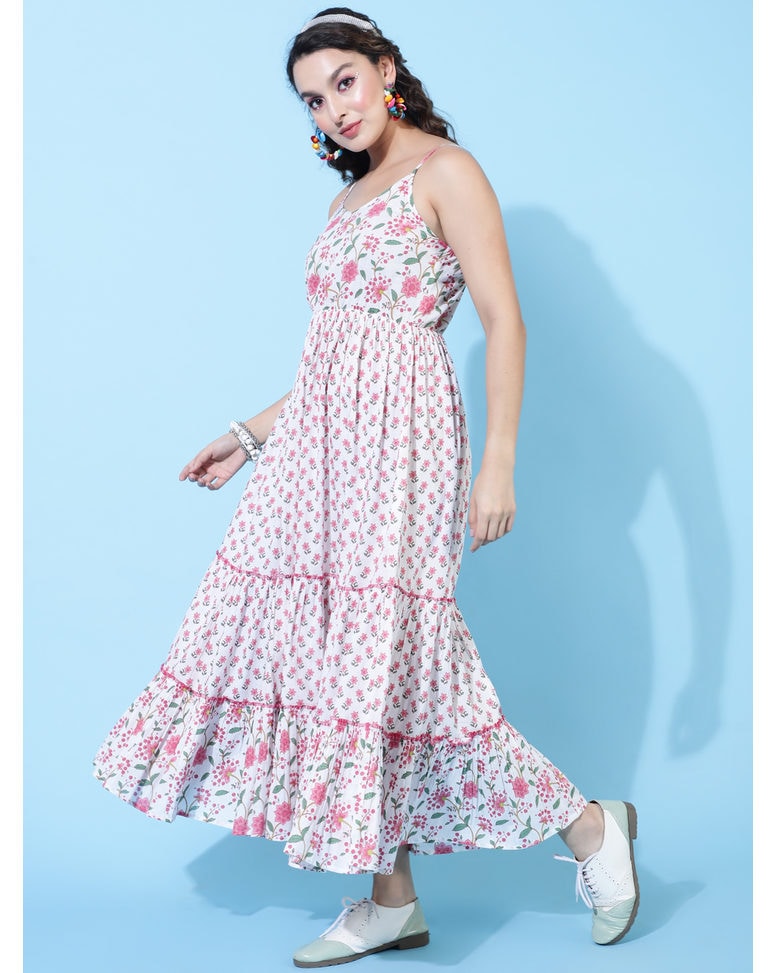 White Cotton Printed Fit and Flare Dress