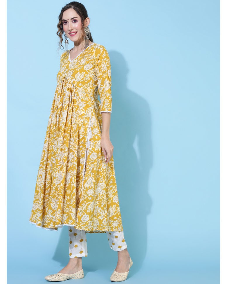 Mustard Floral Printed Empire Thread Work Pure Cotton Kurta with Trousers