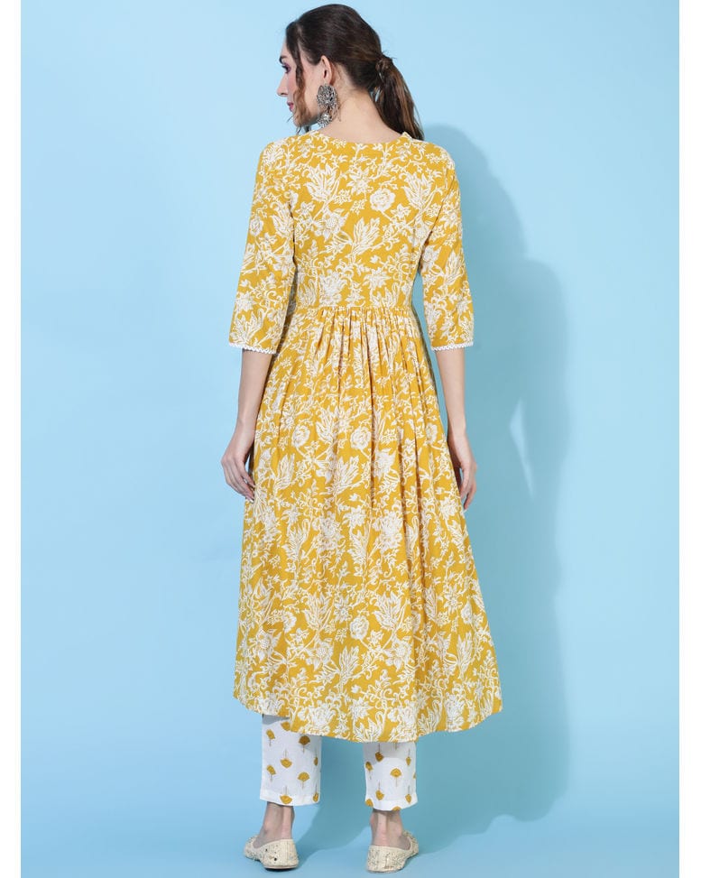 Mustard Floral Printed Empire Thread Work Pure Cotton Kurta with Trousers