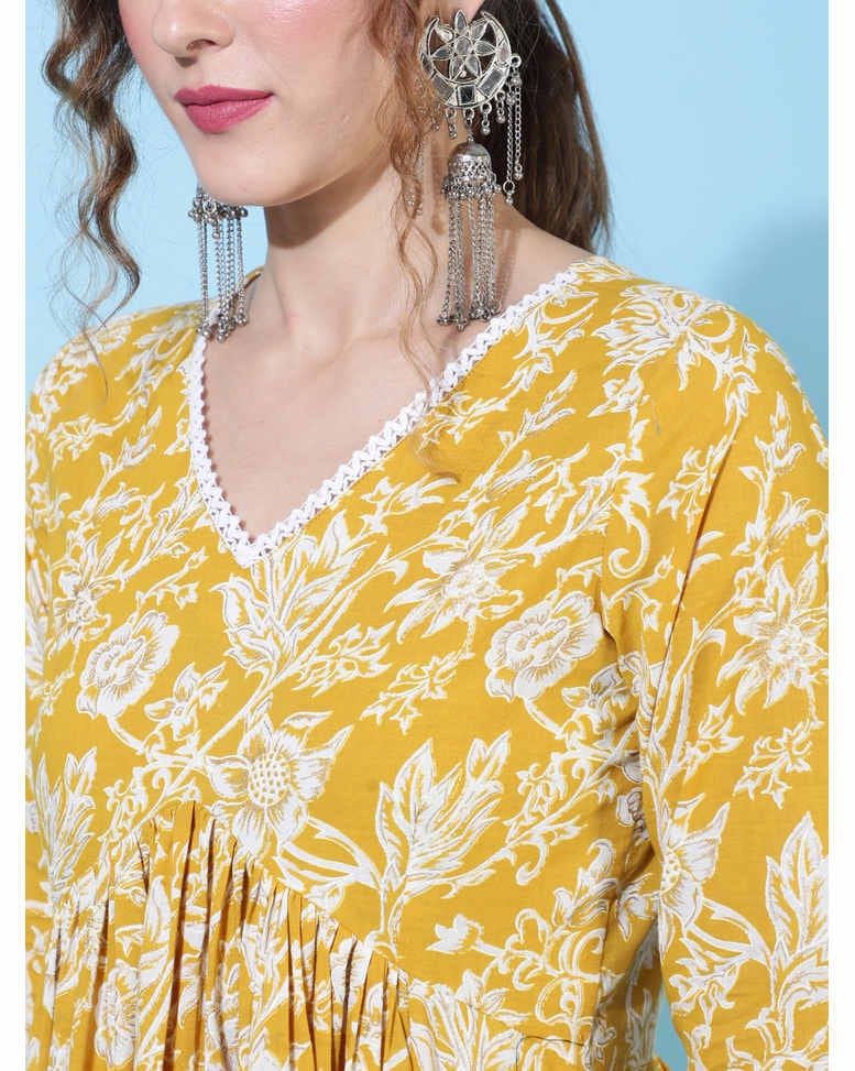 Mustard Floral Printed Empire Thread Work Pure Cotton Kurta with Trousers