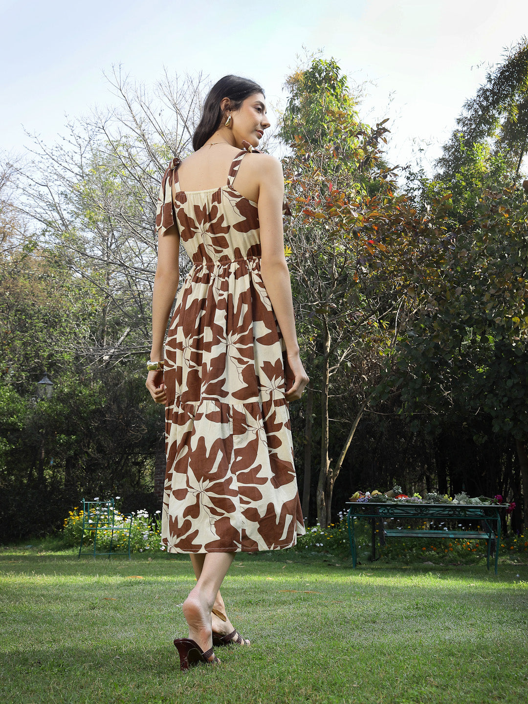Brown Floral Printed Cotton A-Line Dress