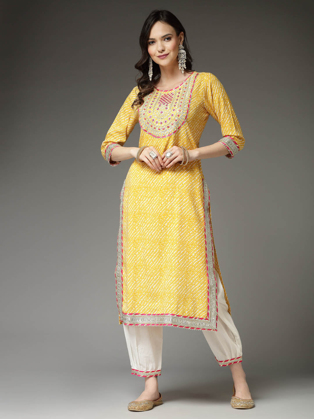 Lehariya Printed & Embroidered Rayon Kurta Pant Dupatta Set