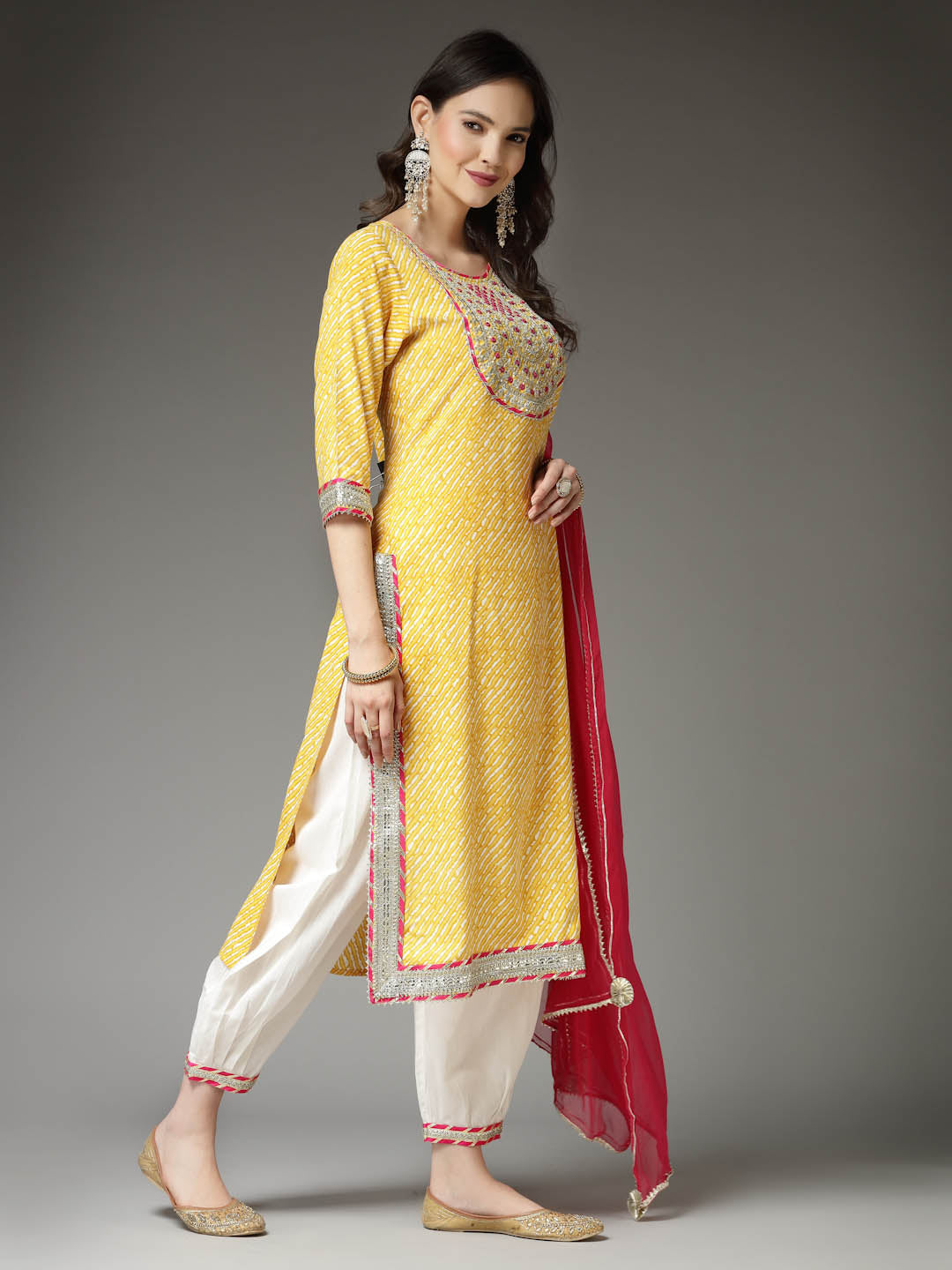 Lehariya Printed & Embroidered Rayon Kurta Pant Dupatta Set