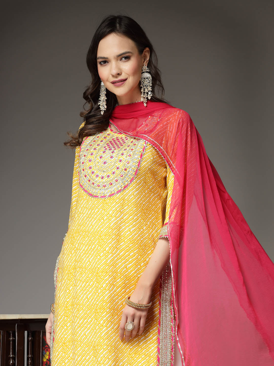 Lehariya Printed & Embroidered Rayon Kurta Pant Dupatta Set