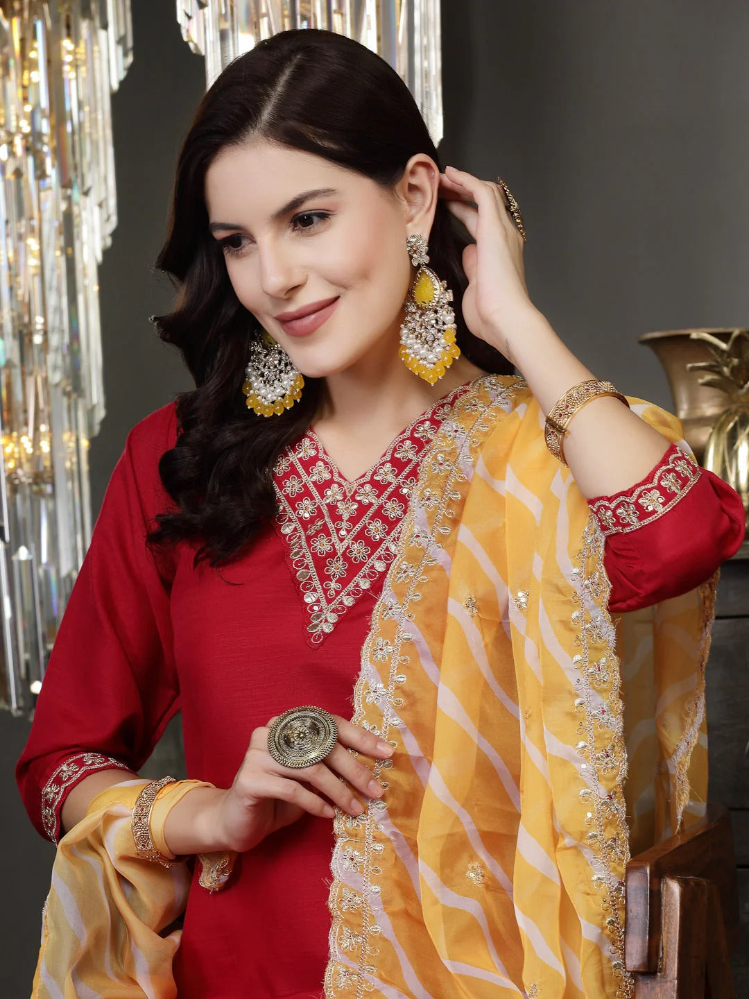 Lehariya Print & Embroidered Muslin Kurta Pant Dupatta Set