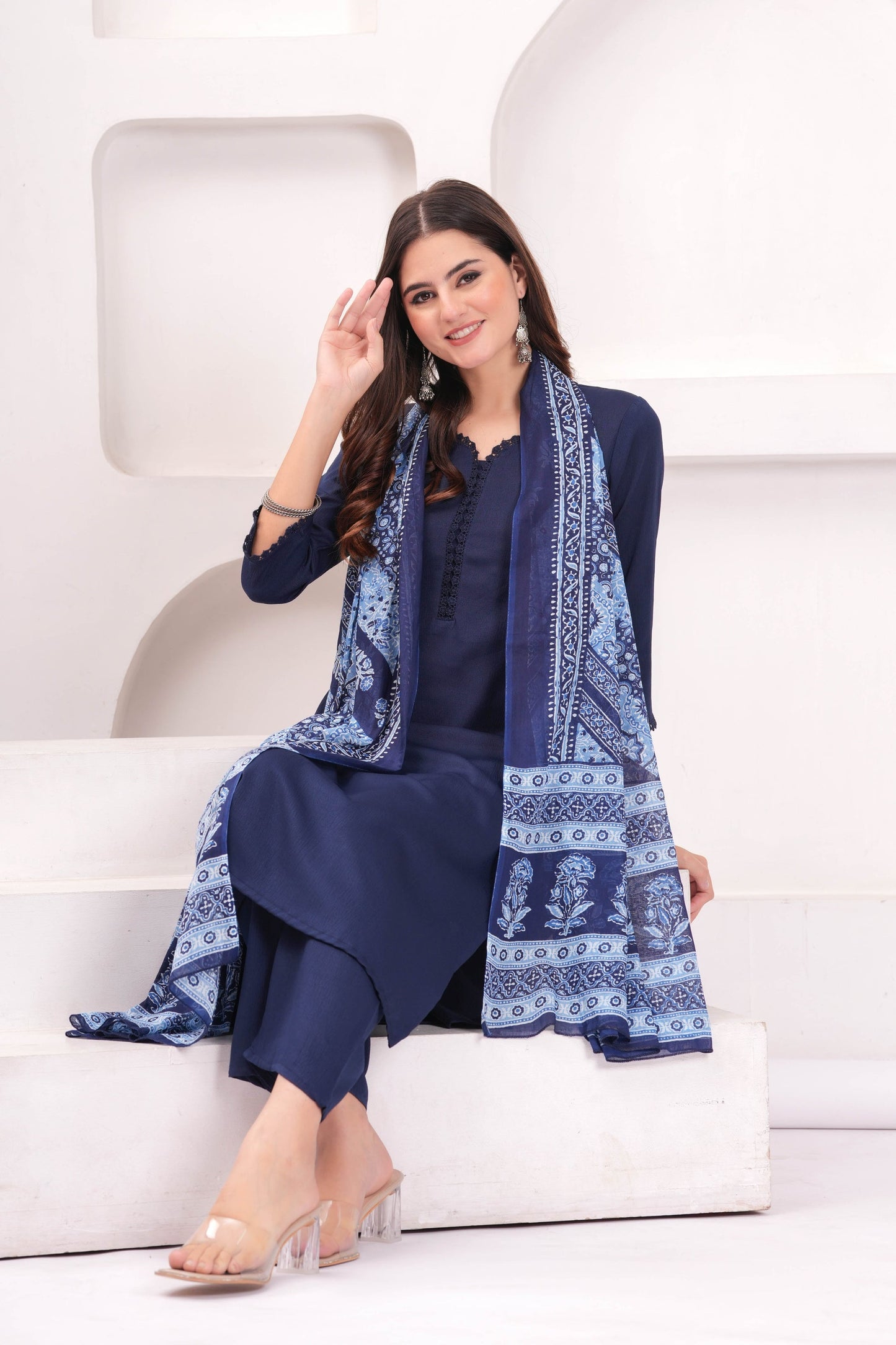 Navy Blue Solid Kurta Set With Printed Dupatta