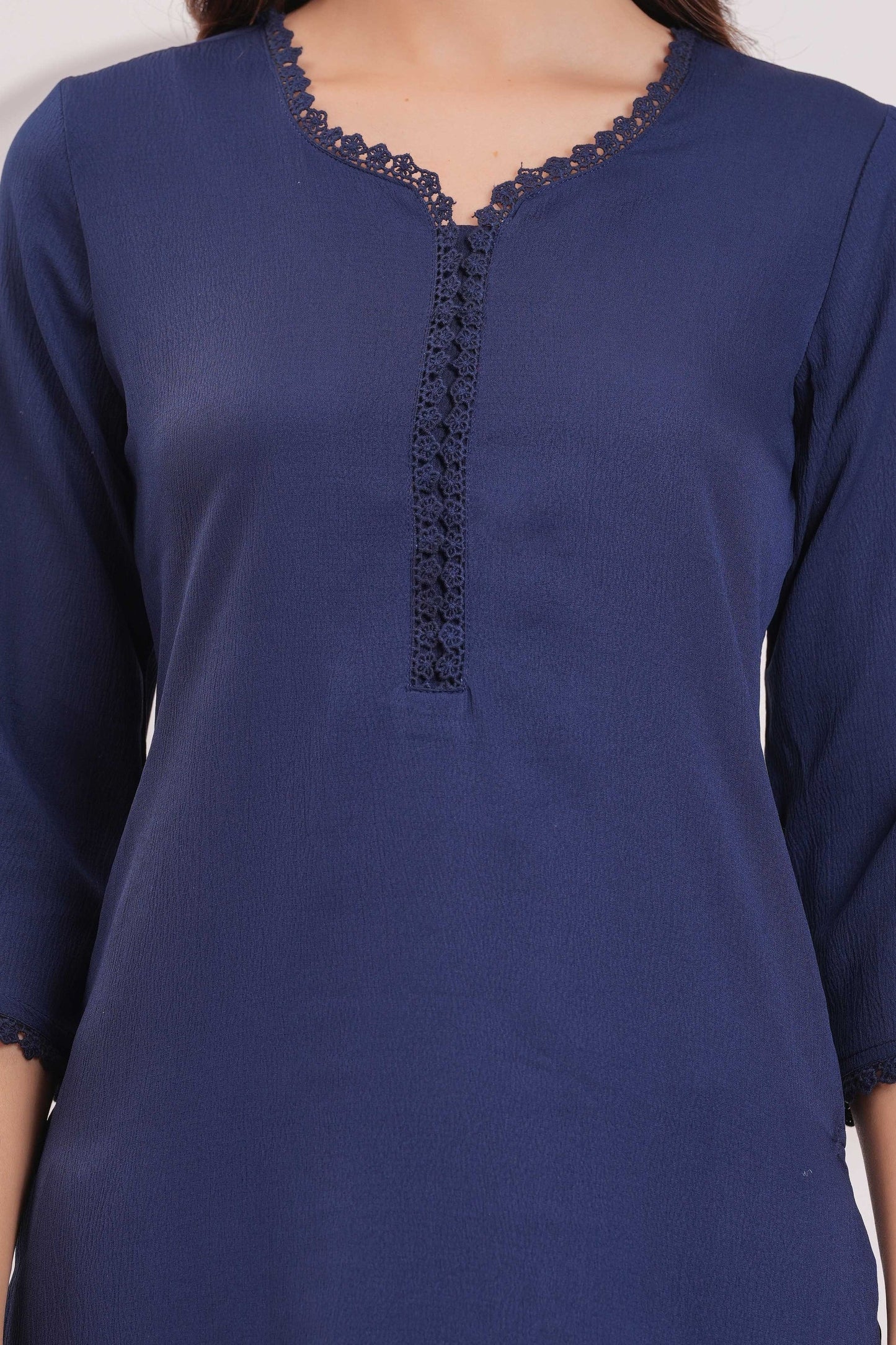 Navy Blue Solid Kurta Set With Printed Dupatta