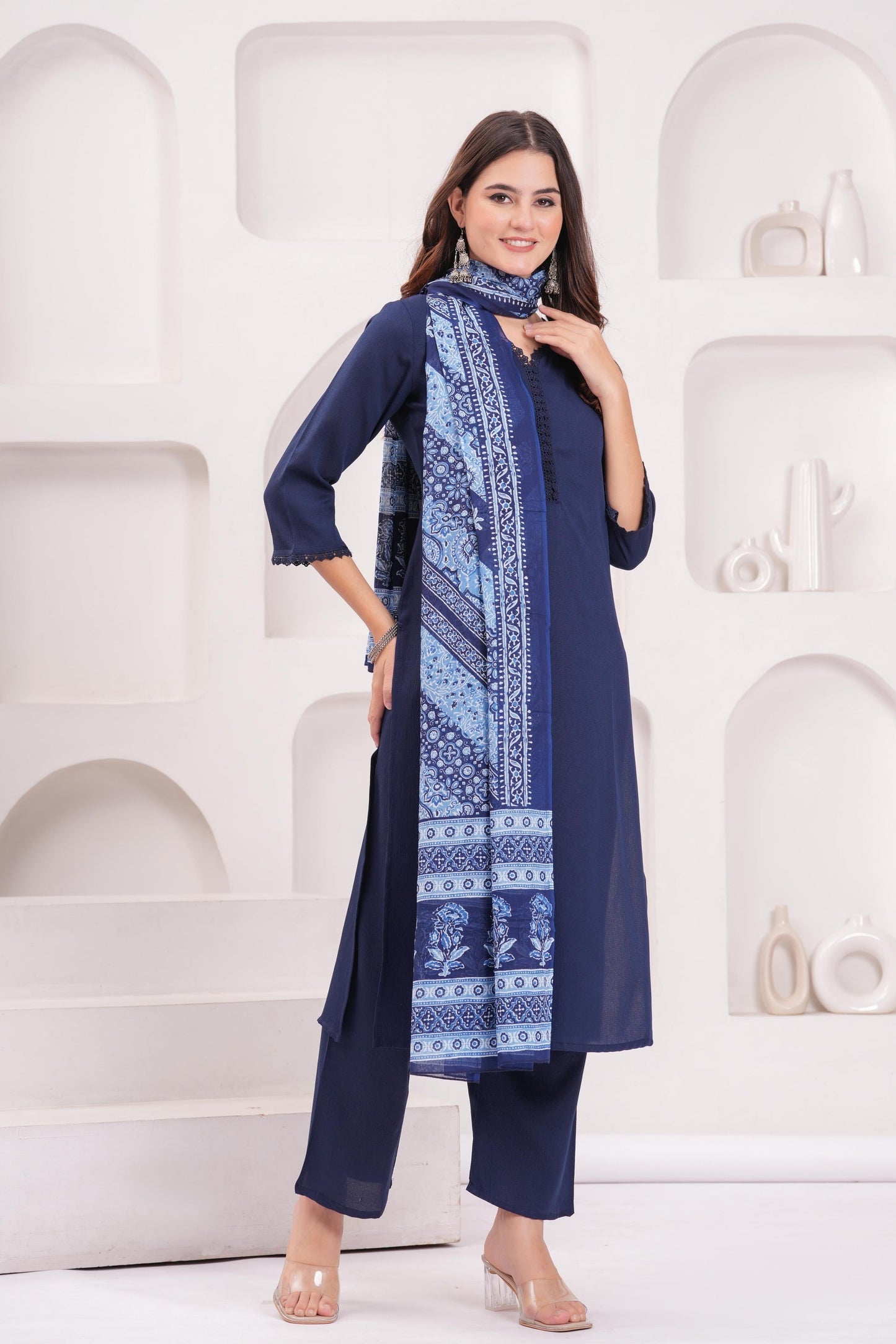 Navy Blue Solid Kurta Set With Printed Dupatta