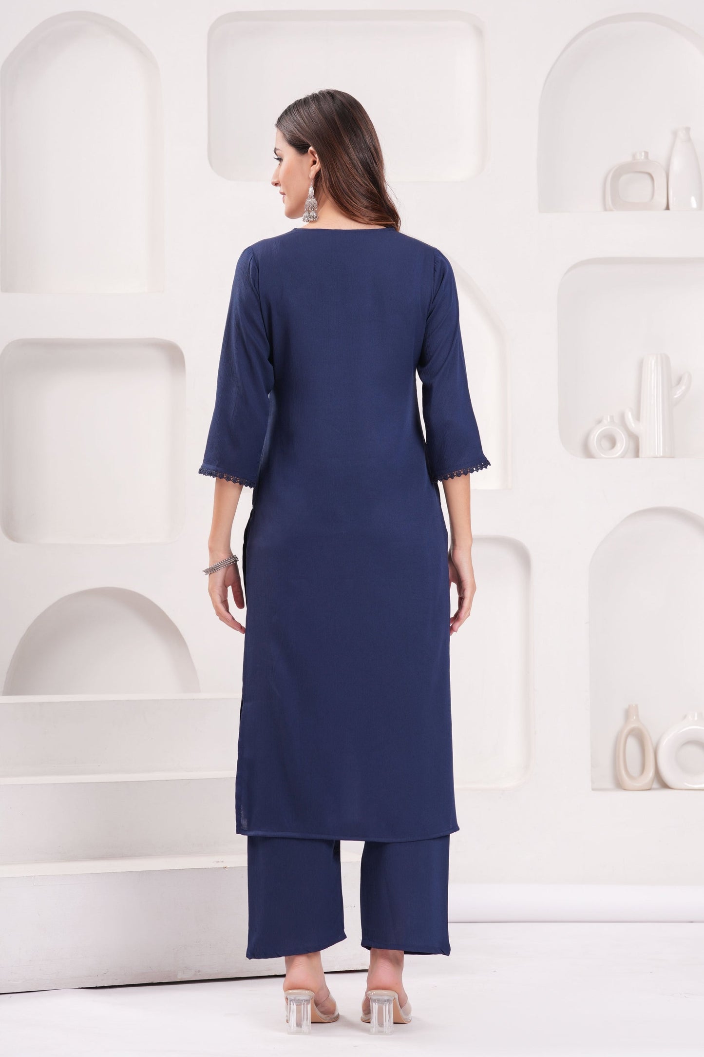 Navy Blue Solid Kurta Set With Printed Dupatta