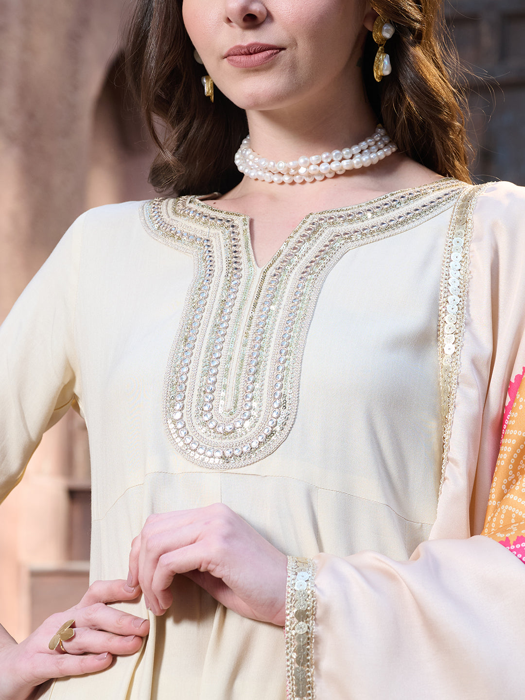 Cream Solid & Embroidered Rayon Anarkali Kurta Pant Dupatta Set