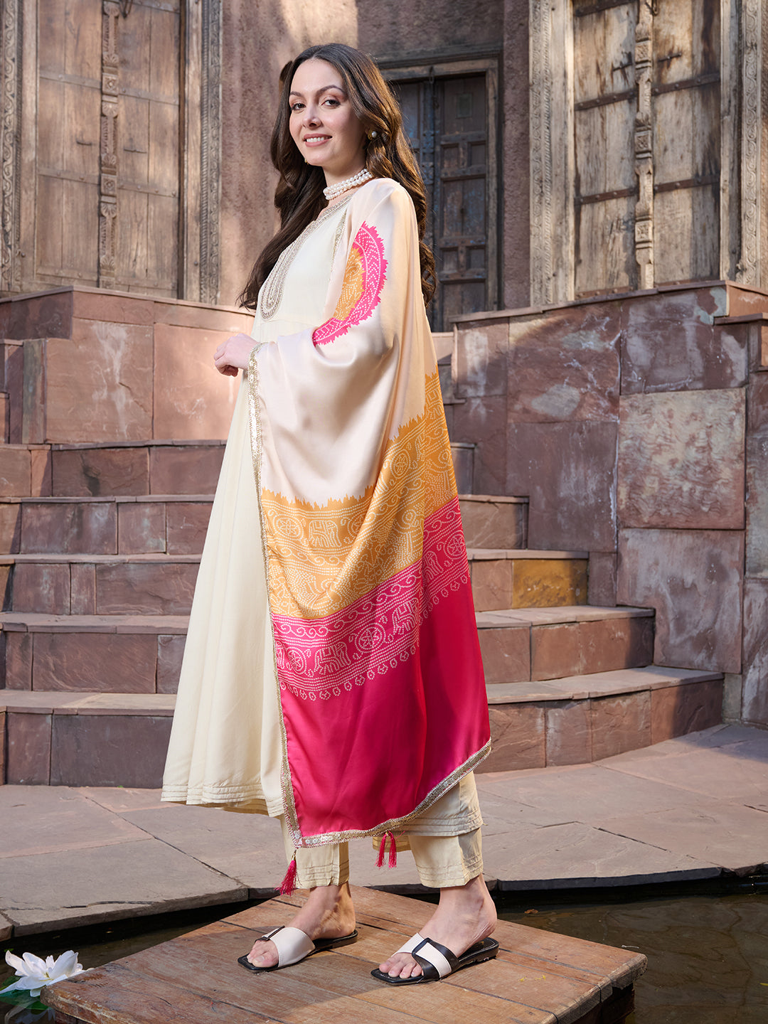 Cream Solid & Embroidered Rayon Anarkali Kurta Pant Dupatta Set