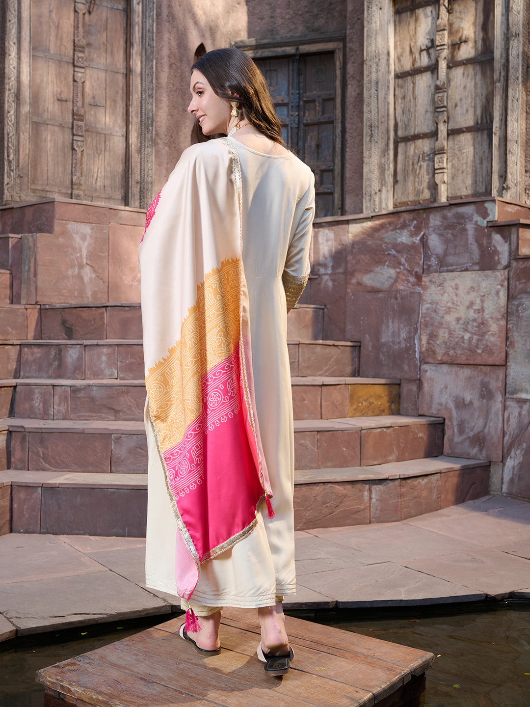 Cream Solid & Embroidered Rayon Anarkali Kurta Pant Dupatta Set