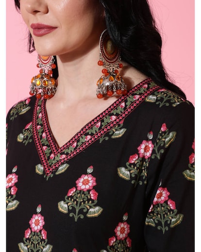 Black floral print flared kurta