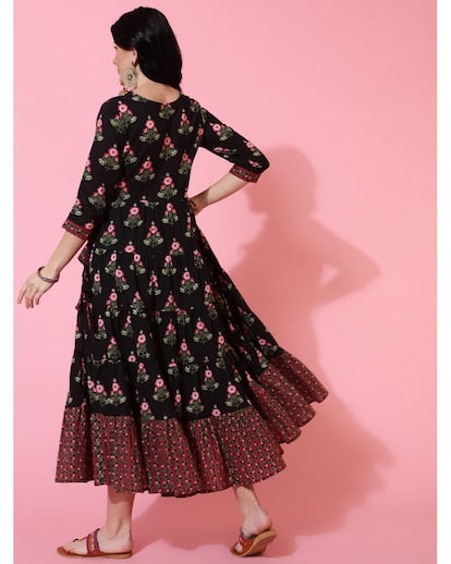 Black floral print flared kurta