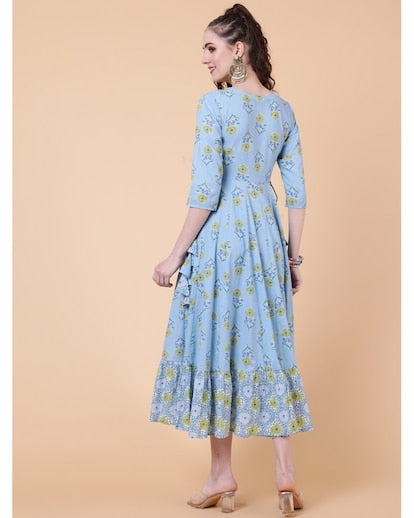 Blue floral print flared kurta