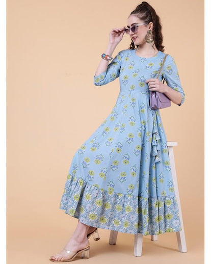 Blue floral print flared kurta